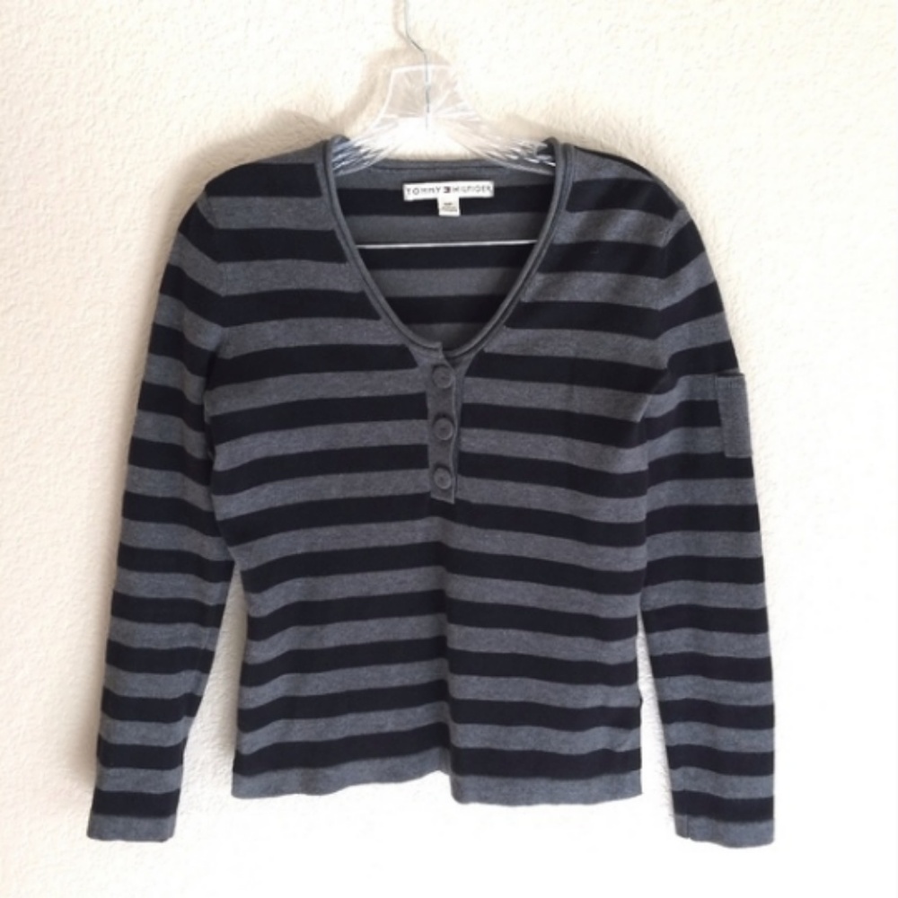 TOMMY HILFIGER Black Grey Striped Sweater S